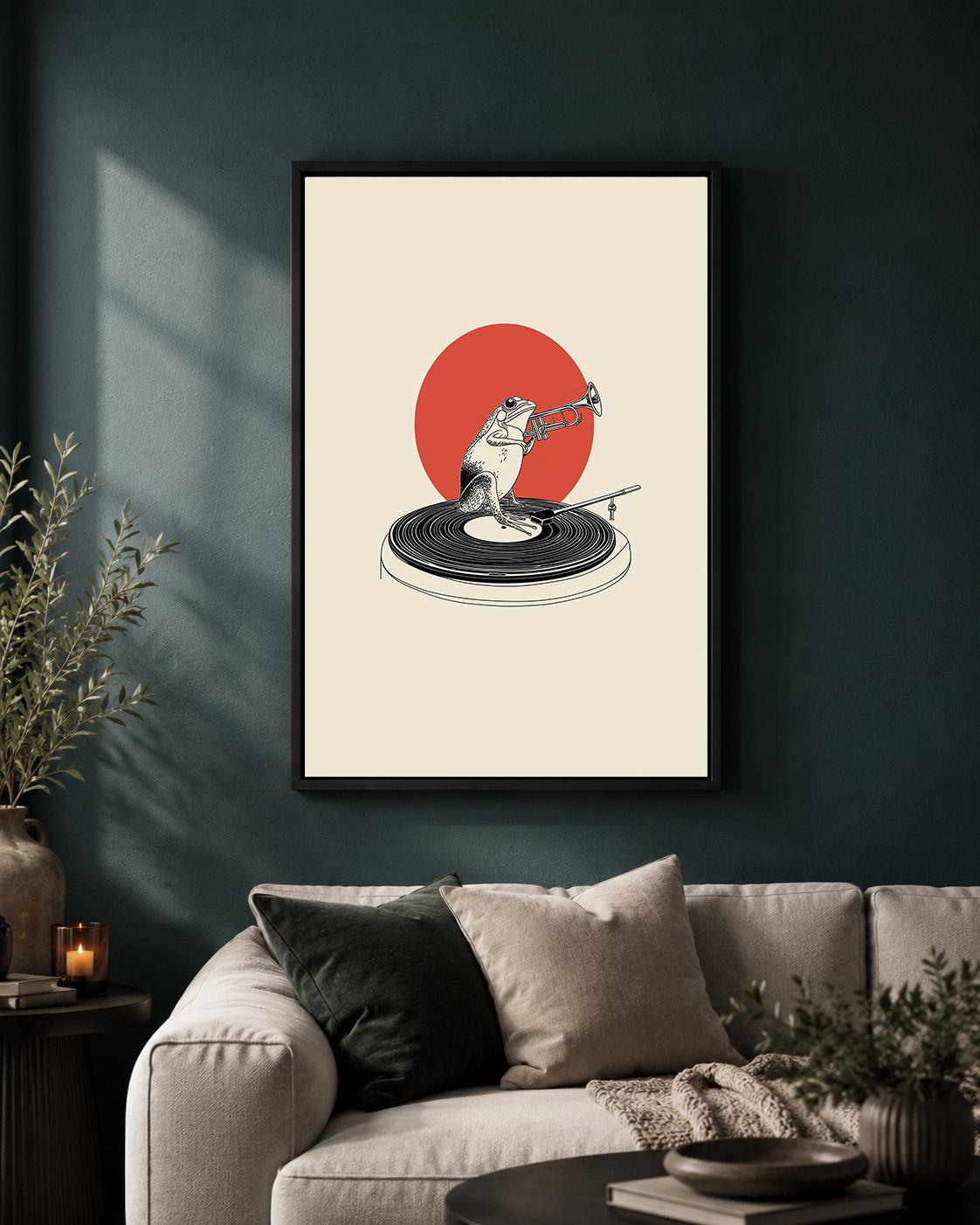 Frog Trumpet Player Framed Canvas, Minimalist Musician Animal Print, Vinyl Record Decor Framed Canvas by The Wall Art Stud...