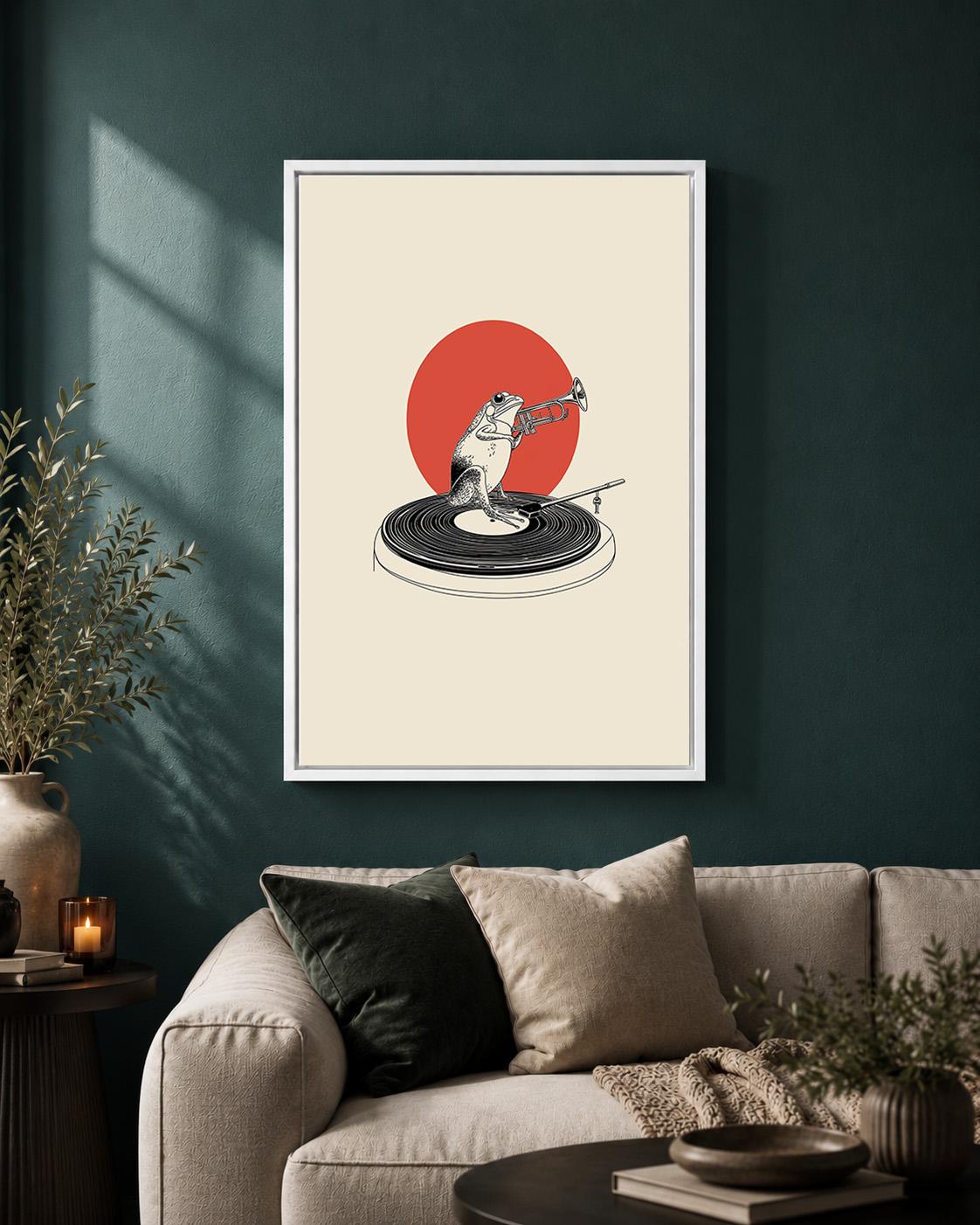 Frog Trumpet Player Framed Canvas, Minimalist Musician Animal Print, Vinyl Record Decor Framed Canvas by The Wall Art Stud...