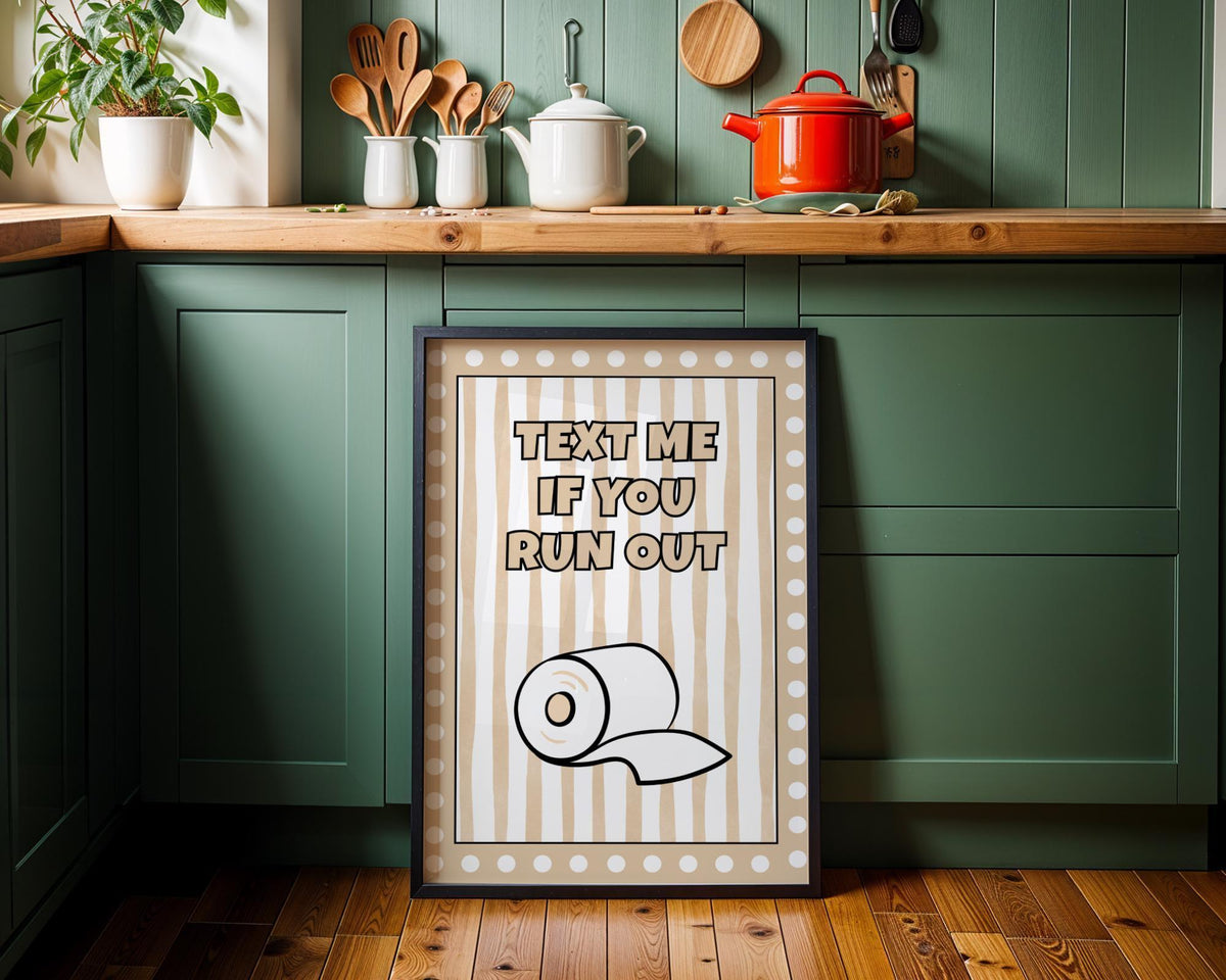Funny Bathroom Wall Art • Text Me If You Run Out • Beige Bathroom Décor • Toilet Paper Quote Sign by The Wall Art Studio -...
