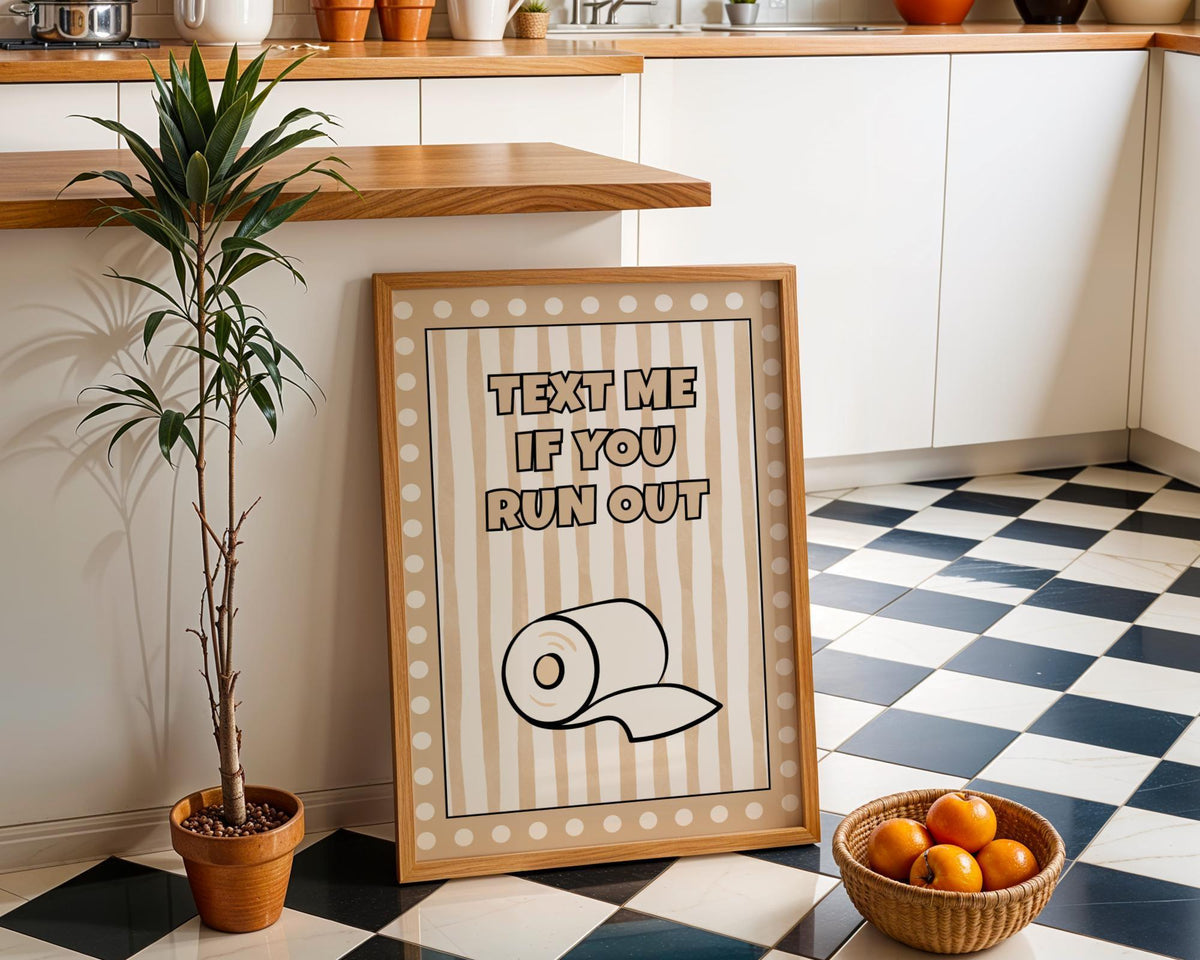 Funny Bathroom Wall Art • Text Me If You Run Out • Beige Bathroom Décor • Toilet Paper Quote Sign by The Wall Art Studio -...
