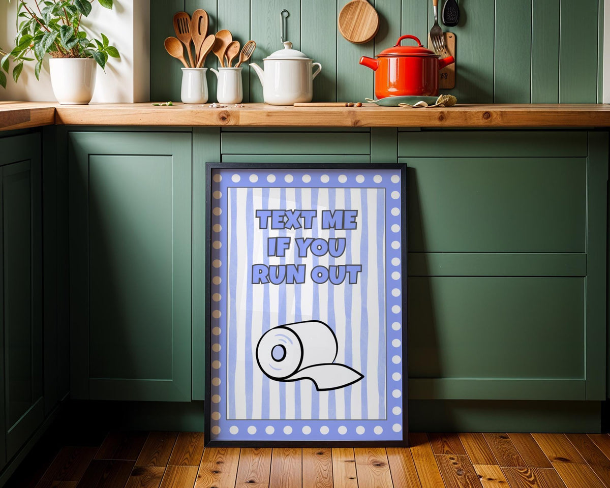 Funny Bathroom Wall Art • Text Me If You Run Out • Blue Bathroom Décor • Toilet Paper Quote Sign by The Wall Art Studio -...