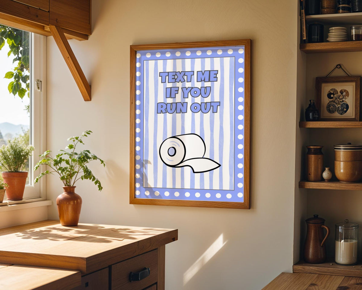 Funny Bathroom Wall Art • Text Me If You Run Out • Blue Bathroom Décor • Toilet Paper Quote Sign by The Wall Art Studio -...