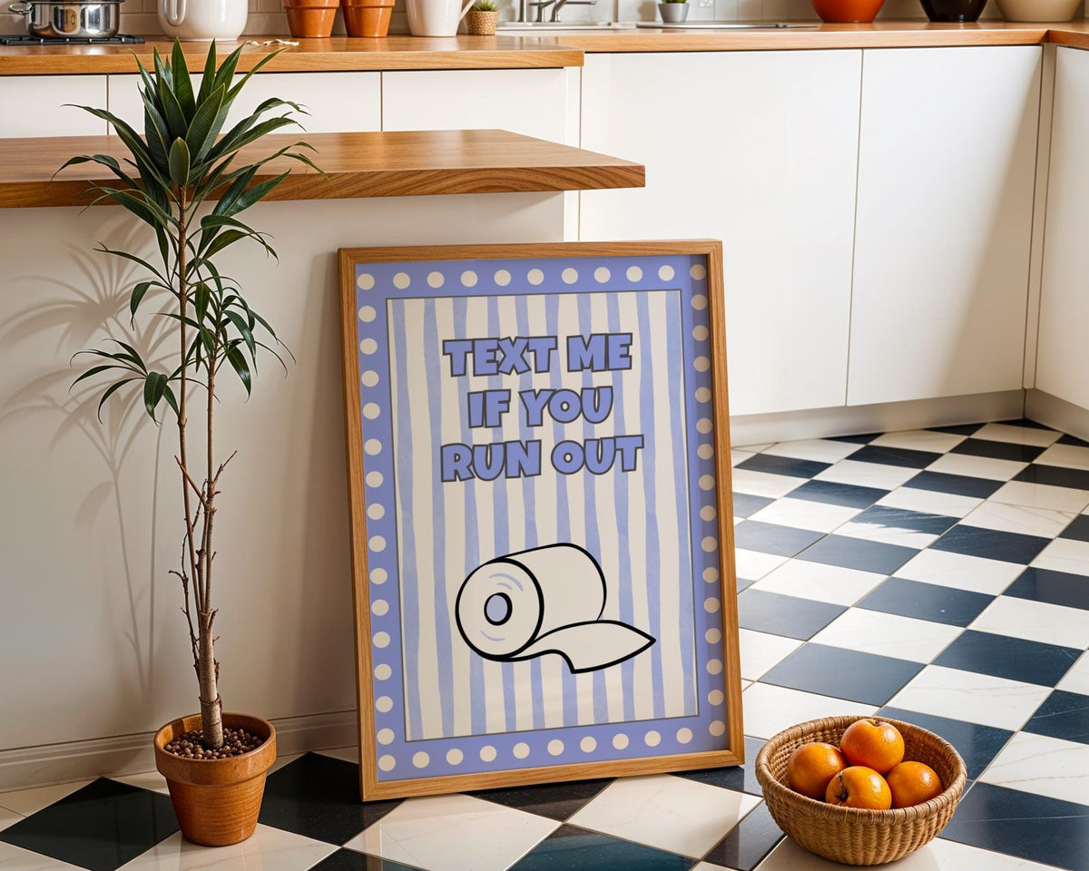 Funny Bathroom Wall Art • Text Me If You Run Out • Blue Bathroom Décor • Toilet Paper Quote Sign by The Wall Art Studio -...
