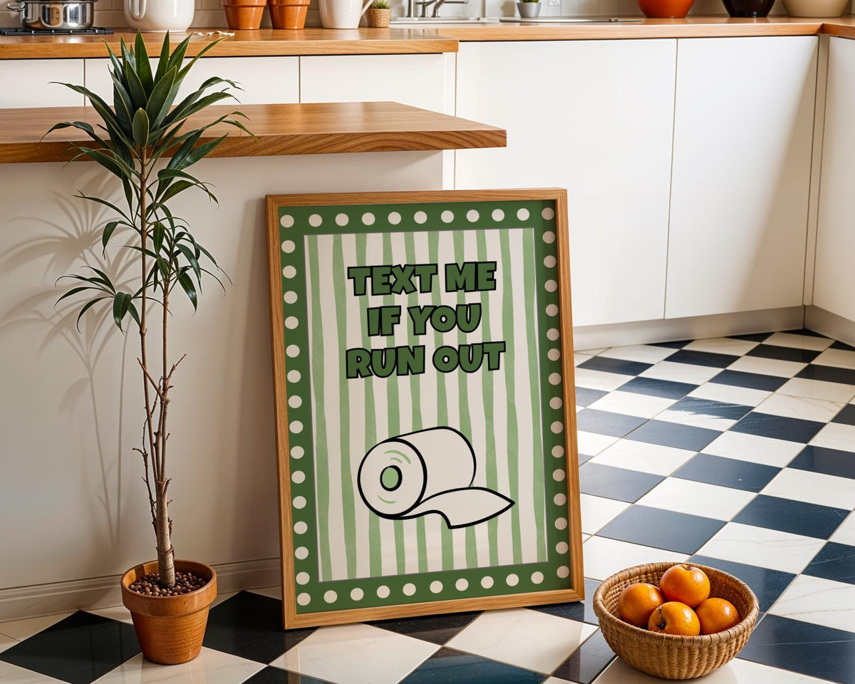 Funny Bathroom Wall Art • Text Me If You Run Out • Green Bathroom Décor • Toilet Paper Quote Sign by The Wall Art Studio -...
