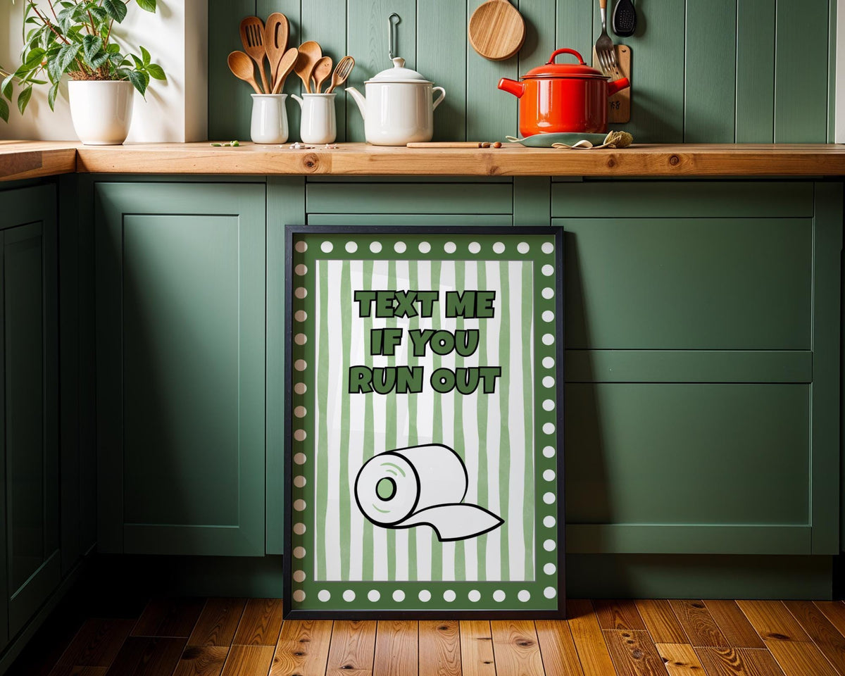 Funny Bathroom Wall Art • Text Me If You Run Out • Green Bathroom Décor • Toilet Paper Quote Sign by The Wall Art Studio -...