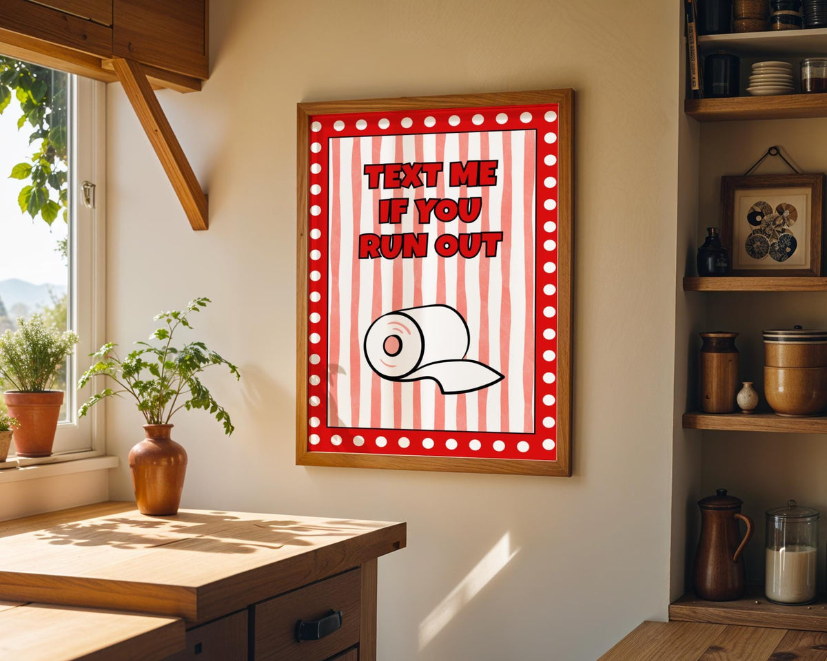 Funny Bathroom Wall Art • Text Me If You Run Out • Red Bathroom Décor • Toilet Paper Quote Sign by The Wall Art Studio - p...