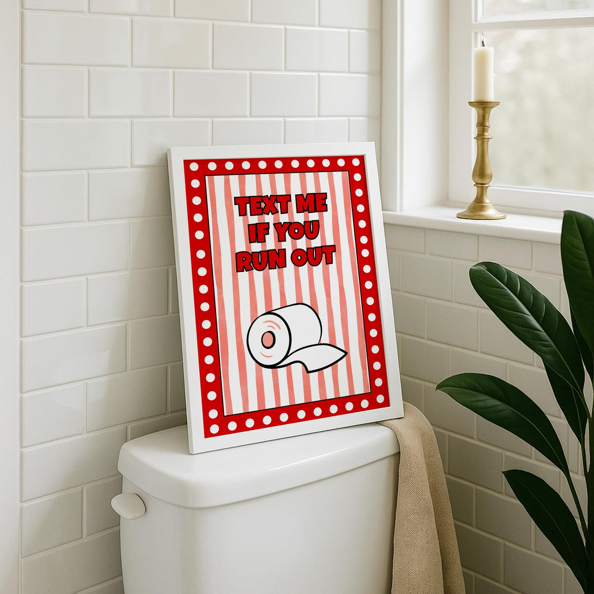 Funny Bathroom Wall Art • Text Me If You Run Out • Red Bathroom Décor • Toilet Paper Quote Sign by The Wall Art Studio - p...