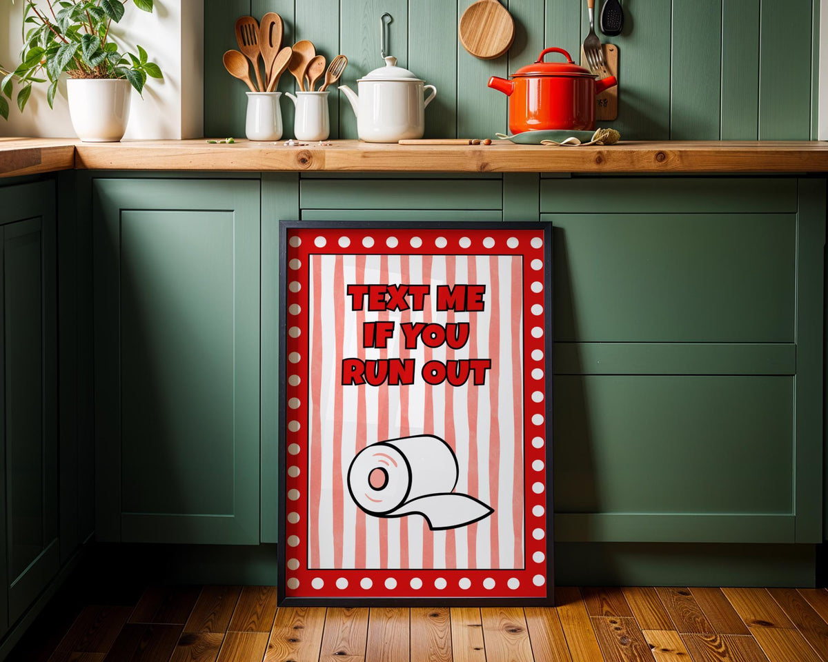 Funny Bathroom Wall Art • Text Me If You Run Out • Red Bathroom Décor • Toilet Paper Quote Sign by The Wall Art Studio - p...