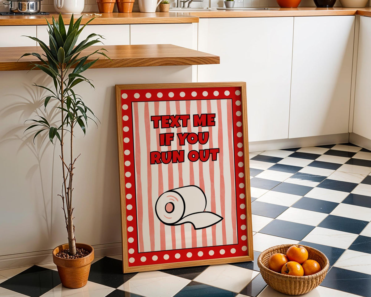 Funny Bathroom Wall Art • Text Me If You Run Out • Red Bathroom Décor • Toilet Paper Quote Sign by The Wall Art Studio - p...