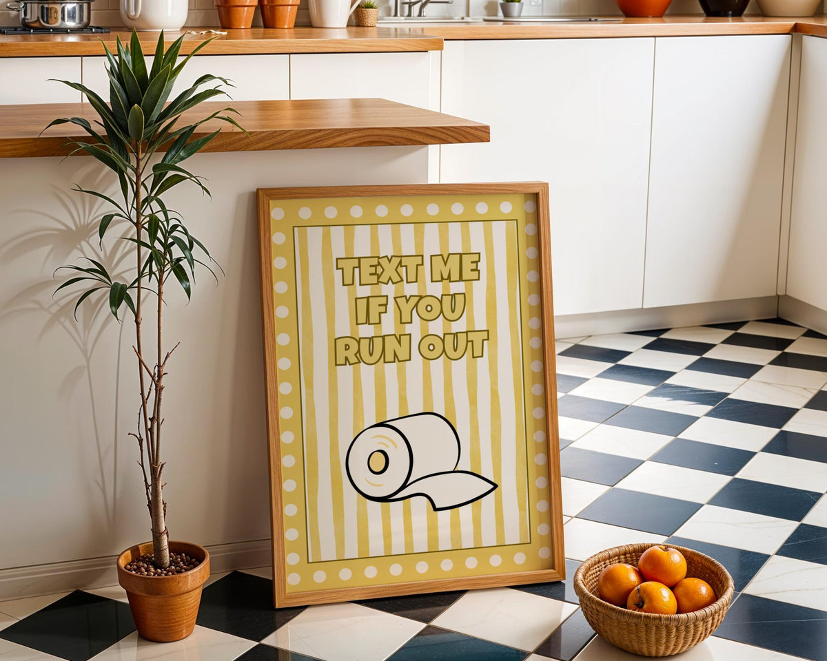 Funny Bathroom Wall Art • Text Me If You Run Out • Yellow Bathroom Décor • Toilet Paper Quote Sign by The Wall Art Studio...