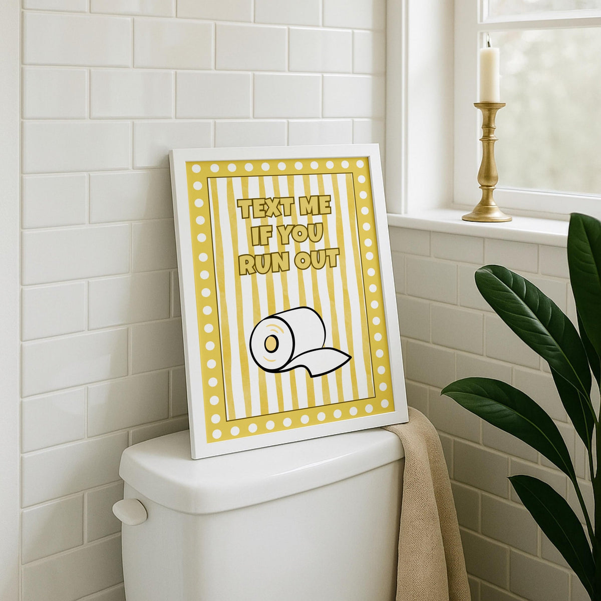 Funny Bathroom Wall Art • Text Me If You Run Out • Yellow Bathroom Décor • Toilet Paper Quote Sign by The Wall Art Studio...
