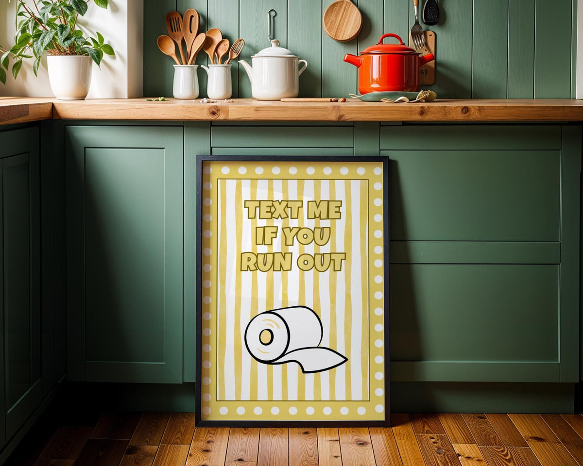 Funny Bathroom Wall Art • Text Me If You Run Out • Yellow Bathroom Décor • Toilet Paper Quote Sign by The Wall Art Studio...