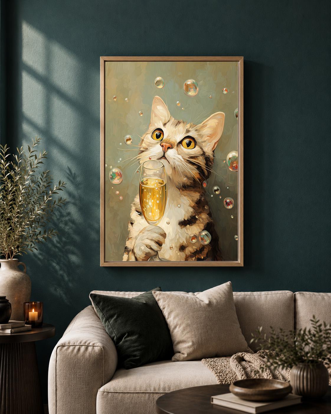 Funny Champagne Cat Framed Canvas Art, Whimsical Animal Bar Decor by The Wall Art Studio - physical
