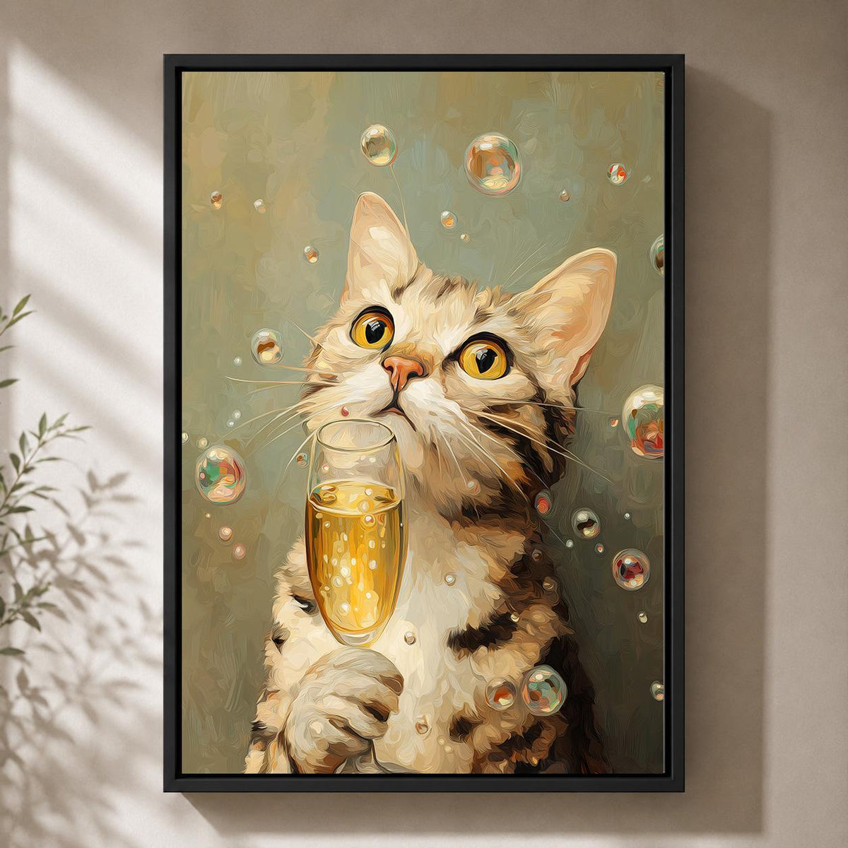Funny Champagne Cat Framed Canvas Art, Whimsical Animal Bar Decor by The Wall Art Studio - physical