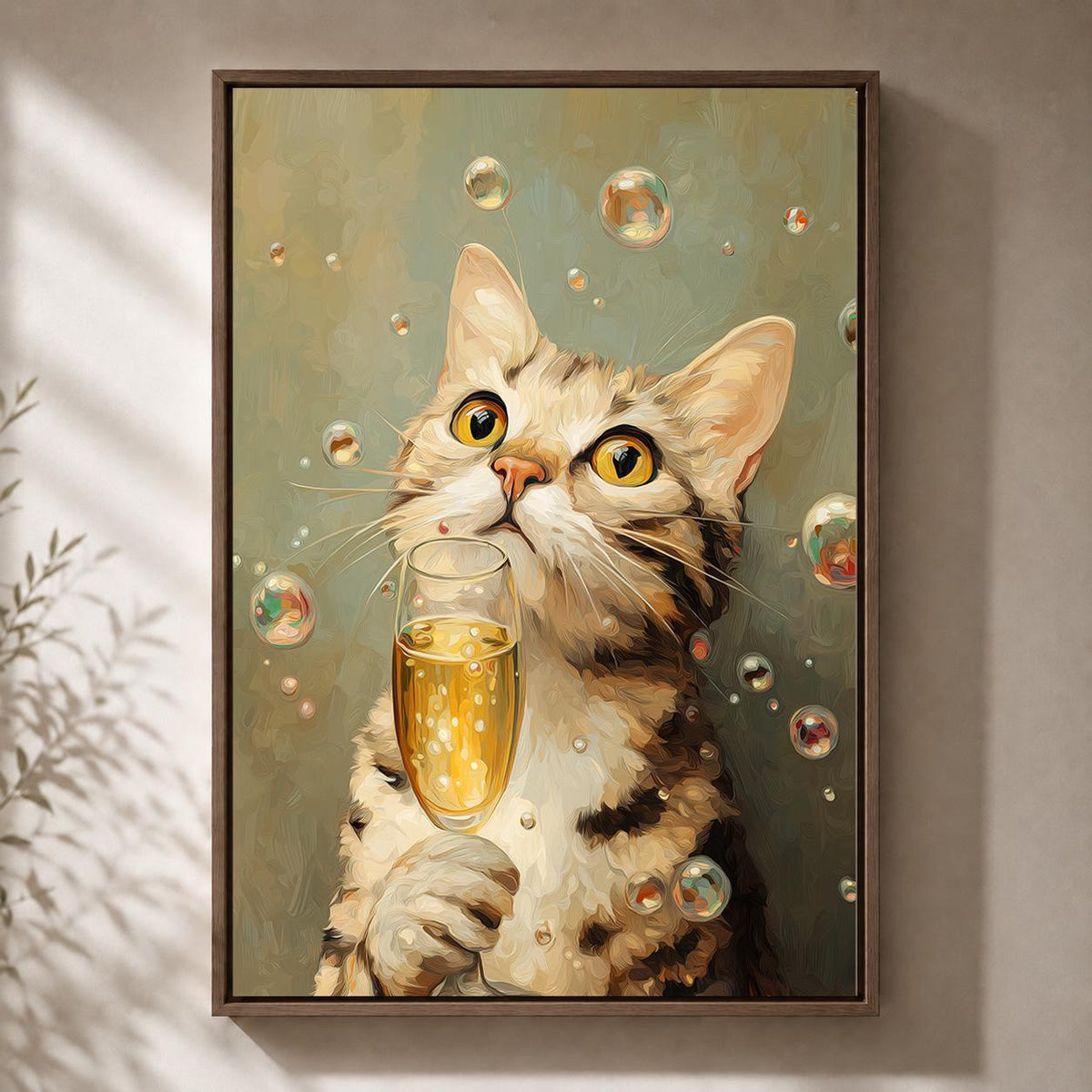 Funny Champagne Cat Framed Canvas Art, Whimsical Animal Bar Decor by The Wall Art Studio - physical