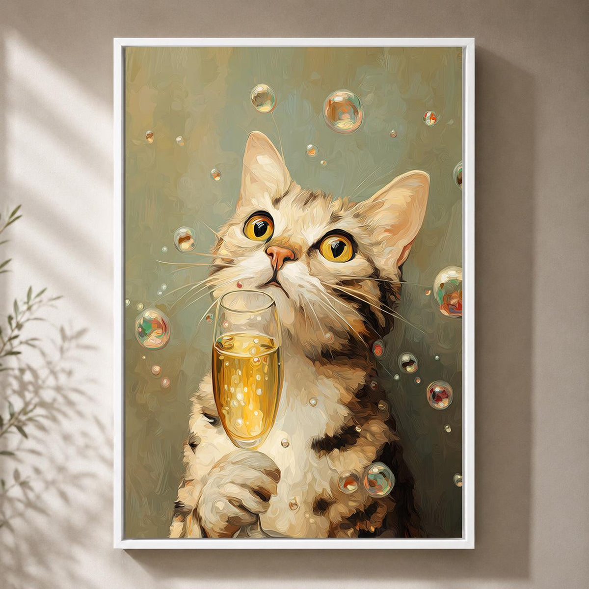 Funny Champagne Cat Framed Canvas Art, Whimsical Animal Bar Decor by The Wall Art Studio - physical
