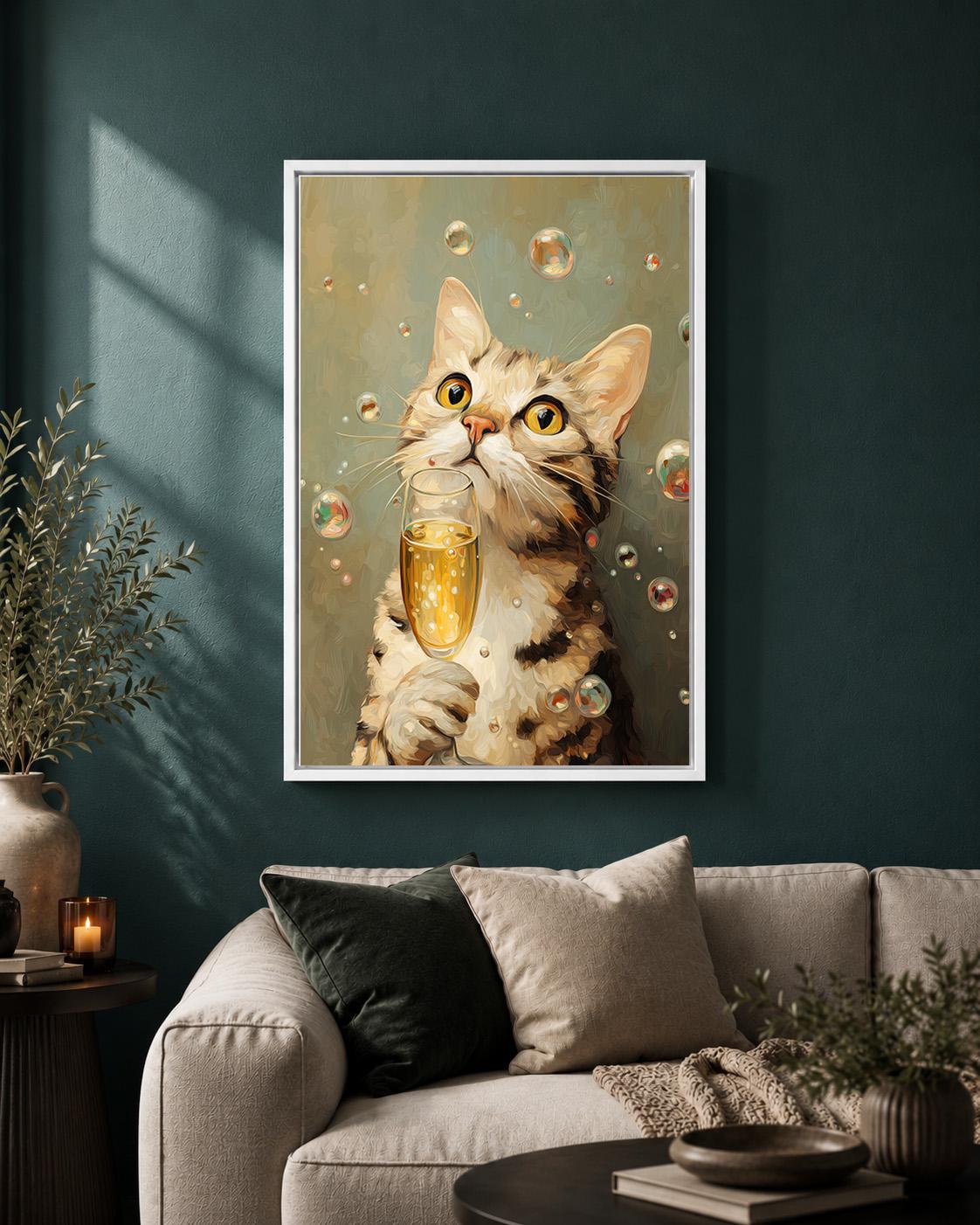 Funny Champagne Cat Framed Canvas Art, Whimsical Animal Bar Decor by The Wall Art Studio - physical