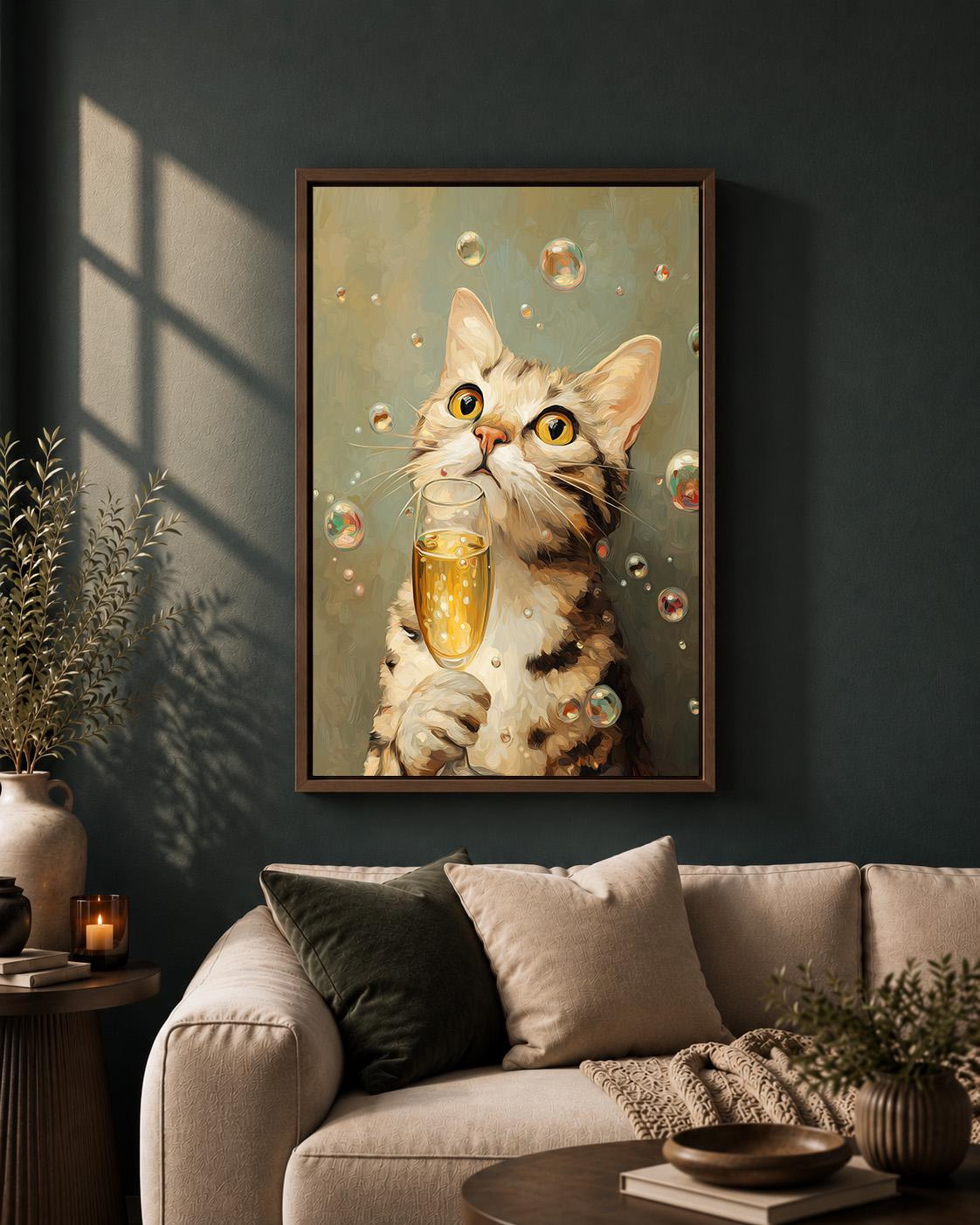 Funny Champagne Cat Framed Canvas Art, Whimsical Animal Bar Decor by The Wall Art Studio - physical