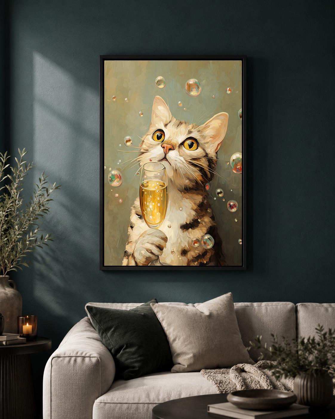 Funny Champagne Cat Framed Canvas Art, Whimsical Animal Bar Decor by The Wall Art Studio - physical