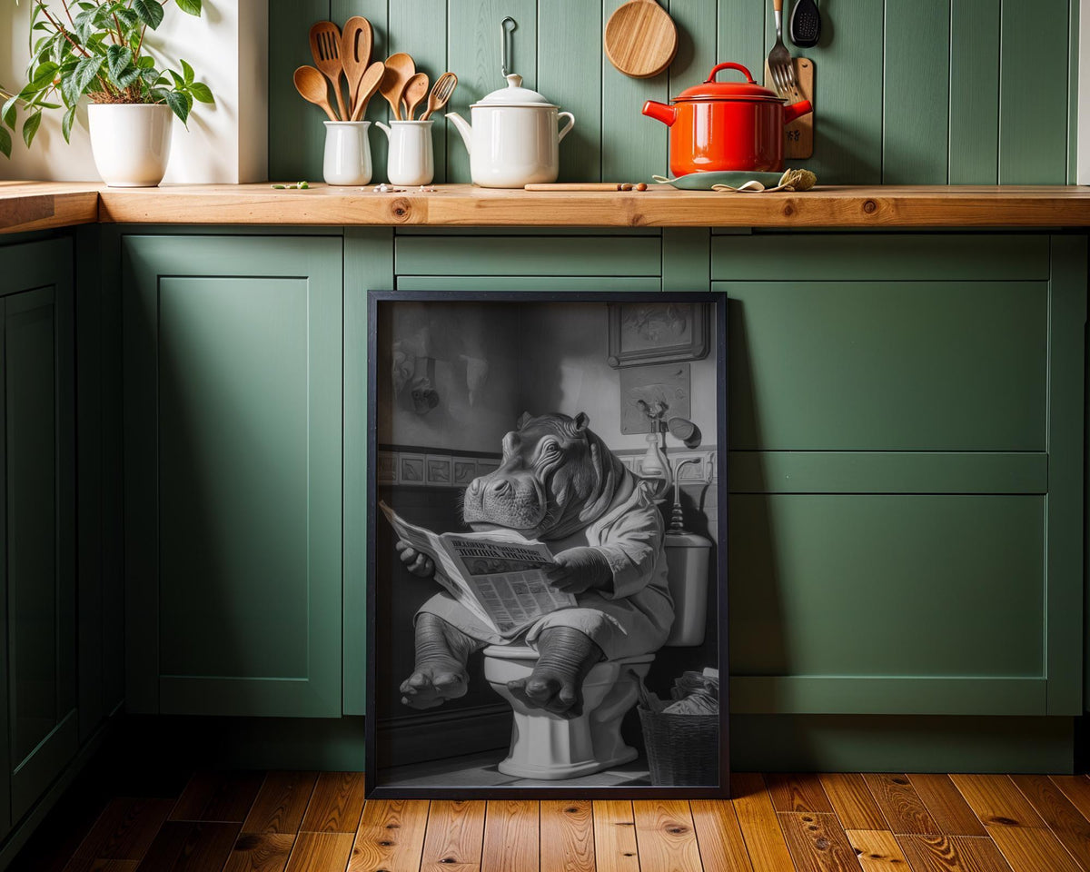 Funny Hippo Bathroom Art Print • Humorous Animal Wall Décor • Hippo on Toilet Reading Newspaper • Quirky Bathroom Artwork...