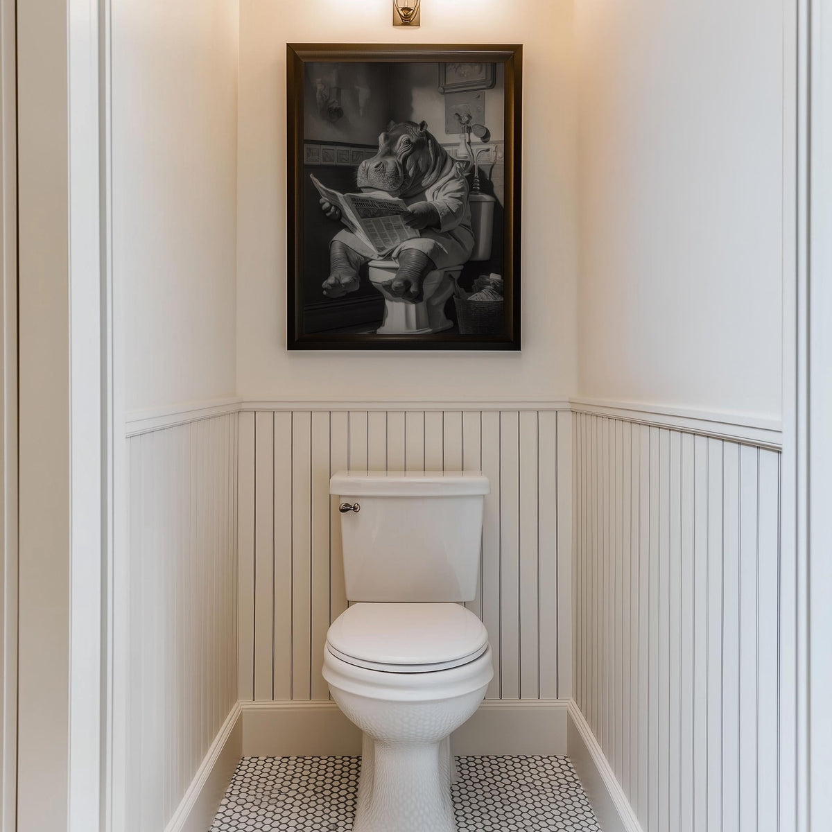 Funny Hippo Bathroom Art Print • Humorous Animal Wall Décor • Hippo on Toilet Reading Newspaper • Quirky Bathroom Artwork...