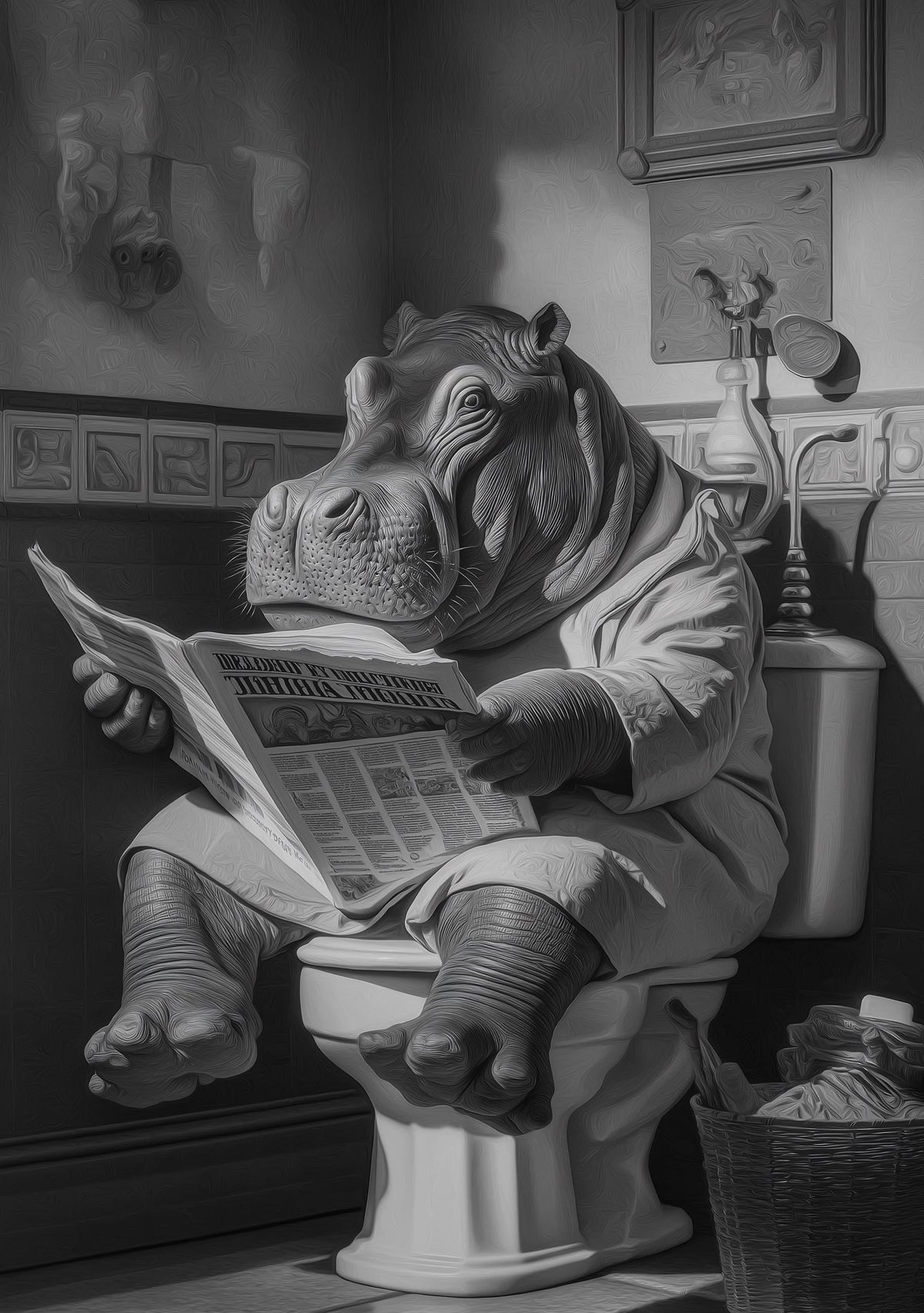 Funny Hippo Bathroom Art Print • Humorous Animal Wall Décor • Hippo on Toilet Reading Newspaper • Quirky Bathroom Artwork...