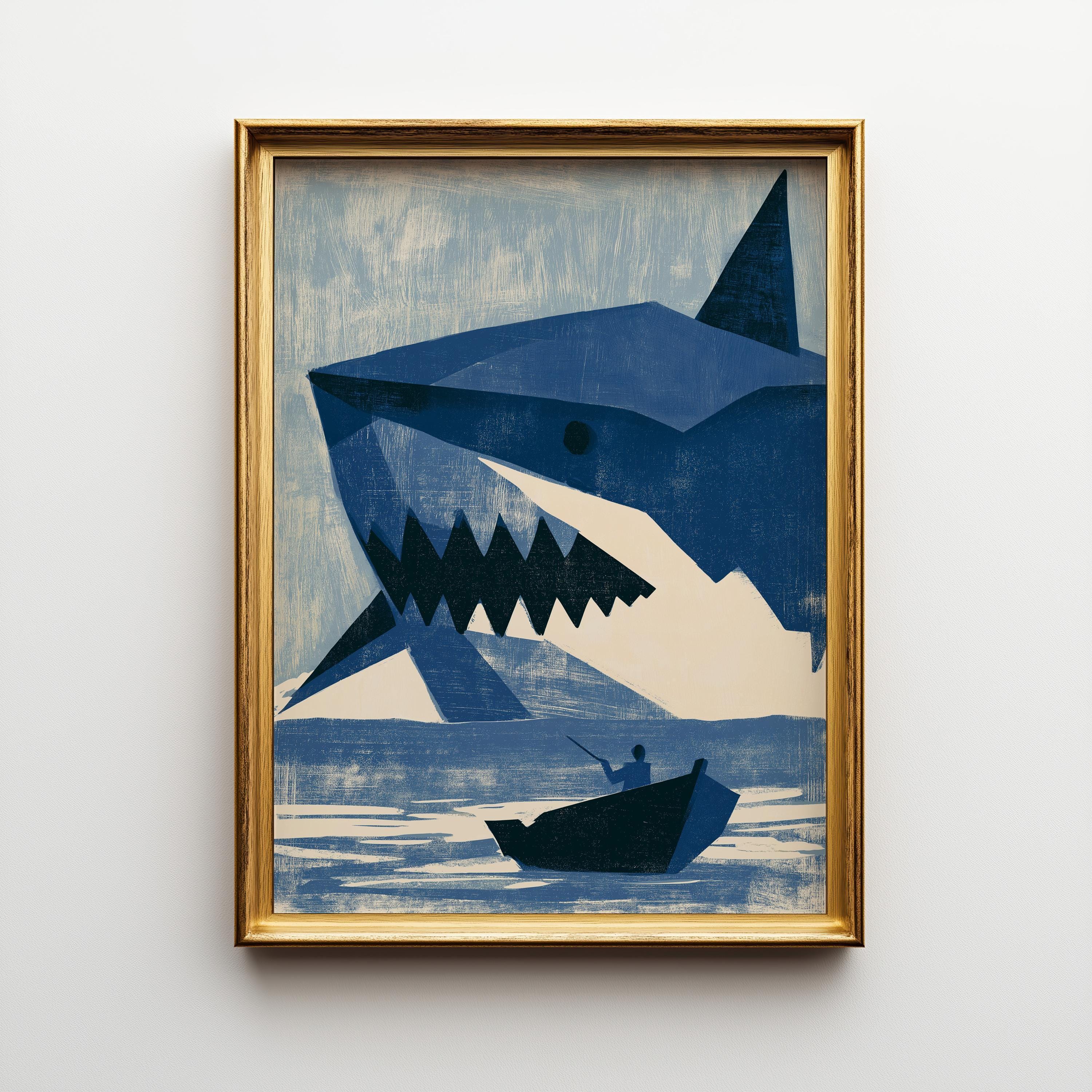 Geometric Shark Wall Art, Modern Ocean Print, Minimalist Marine Poster, Coastal Beach House Decor (Framed Option) by The W...