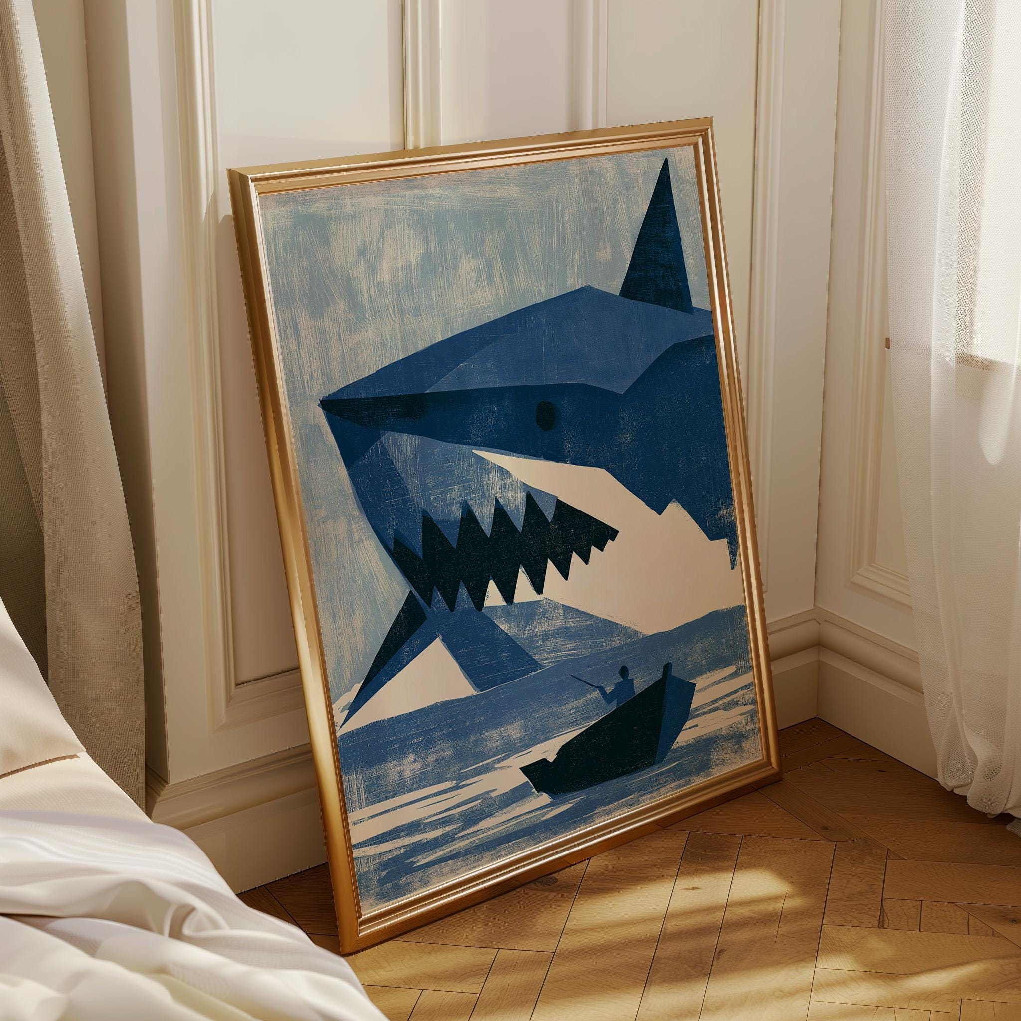 Geometric Shark Wall Art, Modern Ocean Print, Minimalist Marine Poster, Coastal Beach House Decor (Framed Option) by The W...