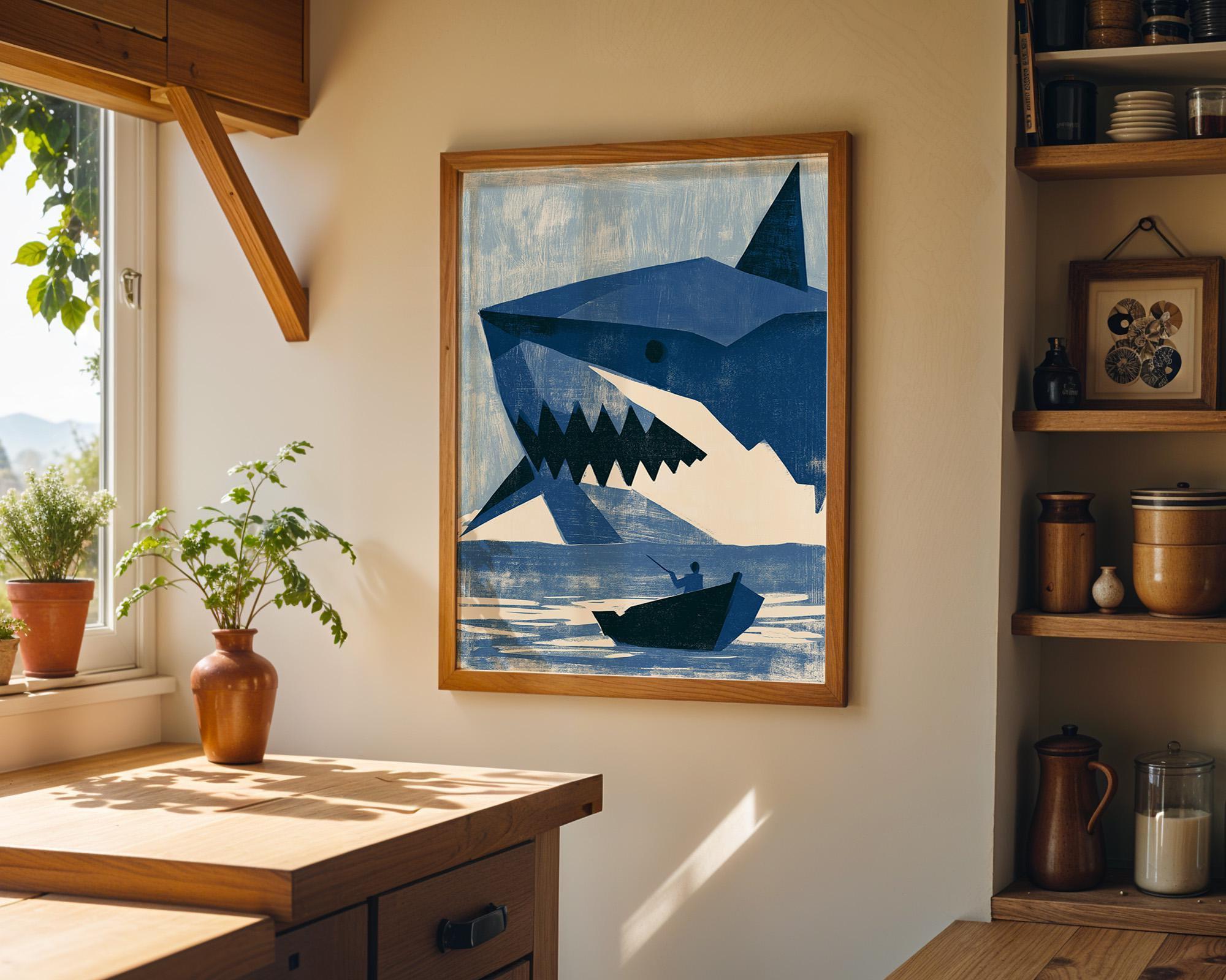 Geometric Shark Wall Art, Modern Ocean Print, Minimalist Marine Poster, Coastal Beach House Decor (Framed Option) by The W...