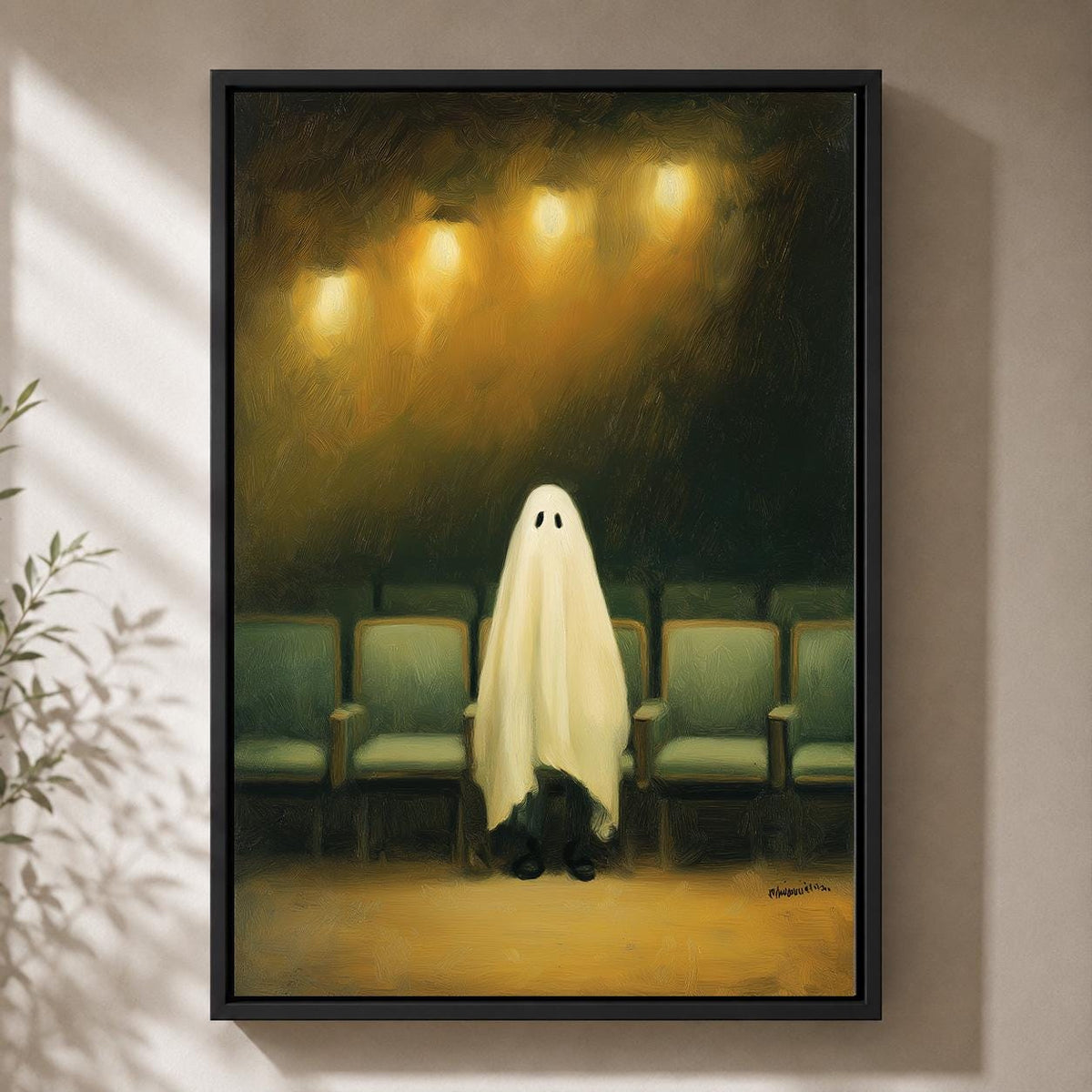Ghost in Cinema Framed Canvas Art, Whimsical Halloween Movie Theater Print, Dark Academia Decor by The Wall Art Studio - p...