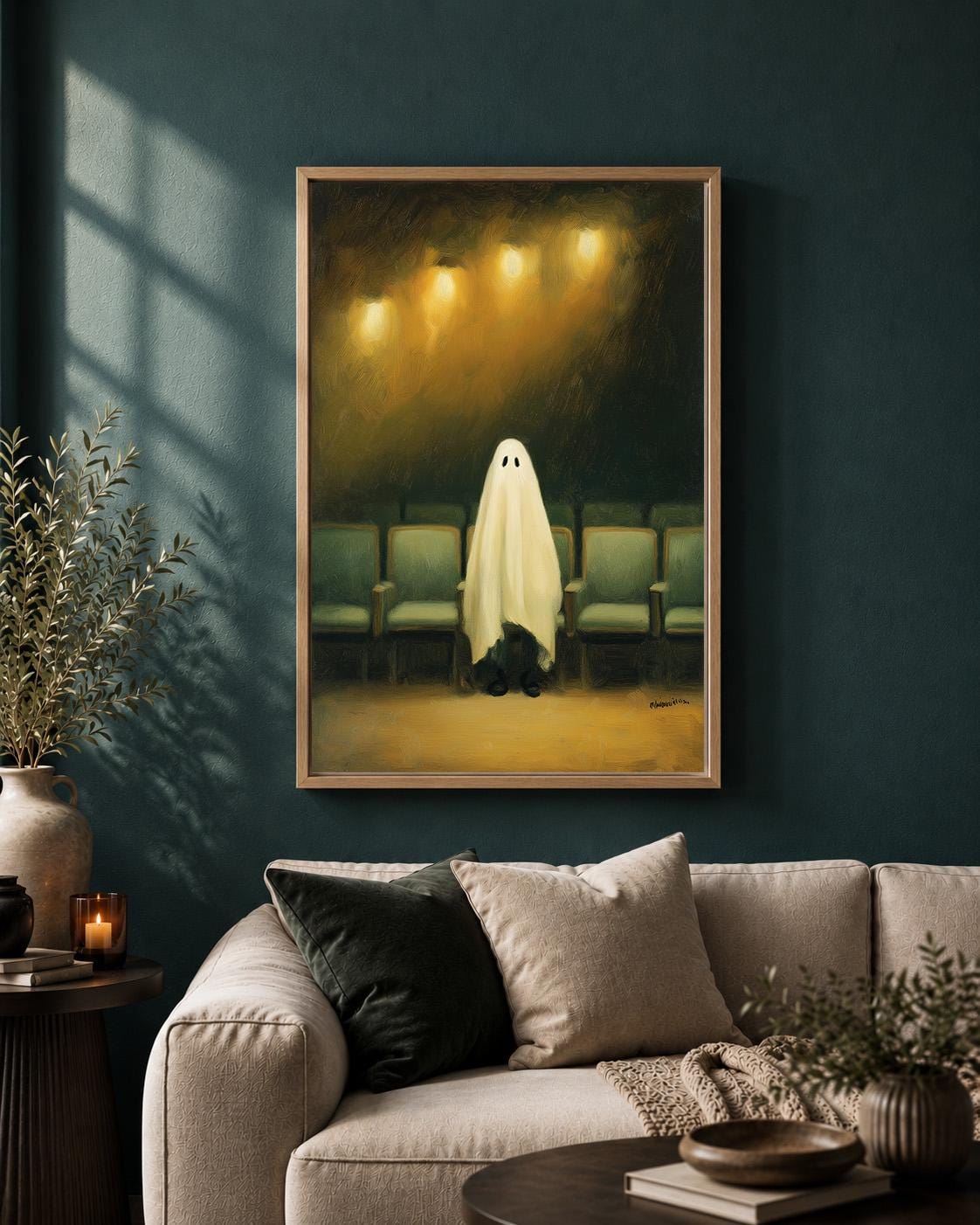 Ghost in Cinema Framed Canvas Art, Whimsical Halloween Movie Theater Print, Dark Academia Decor by The Wall Art Studio - p...