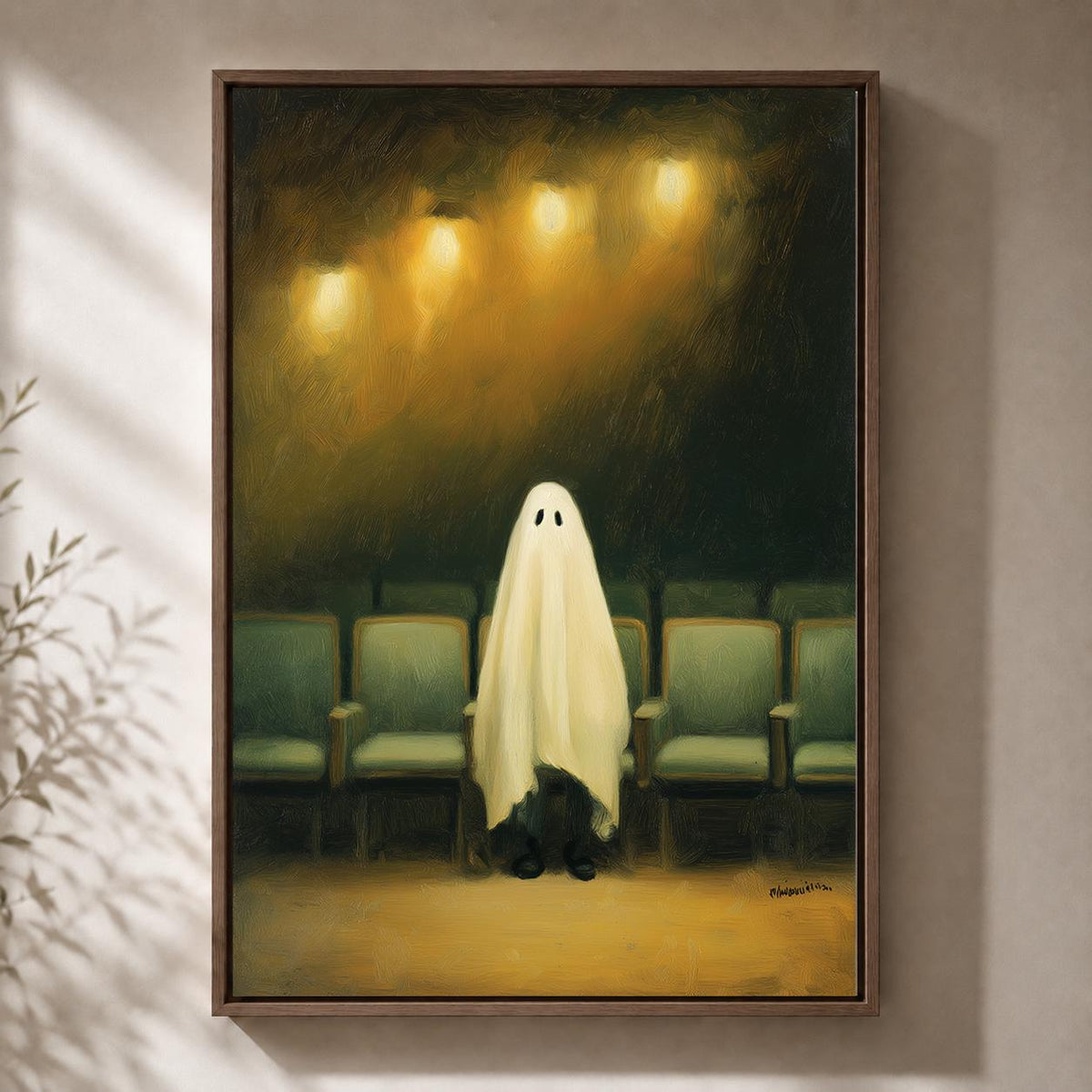 Ghost in Cinema Framed Canvas Art, Whimsical Halloween Movie Theater Print, Dark Academia Decor by The Wall Art Studio - p...