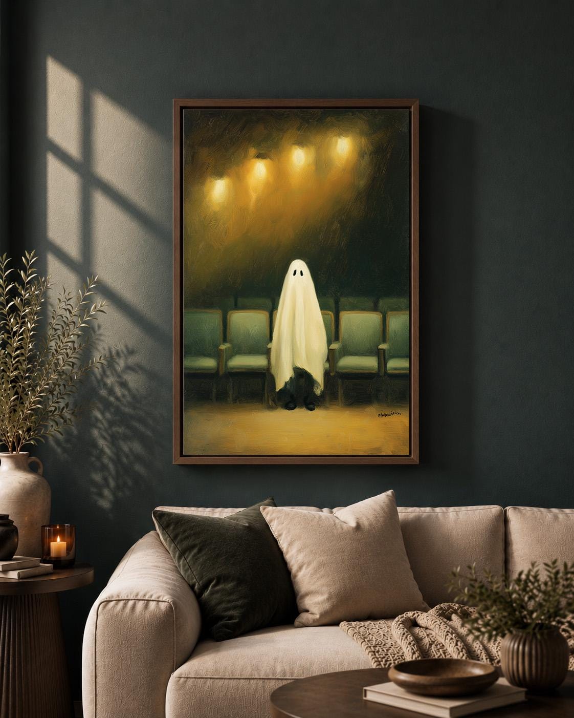 Ghost in Cinema Framed Canvas Art, Whimsical Halloween Movie Theater Print, Dark Academia Decor by The Wall Art Studio - p...