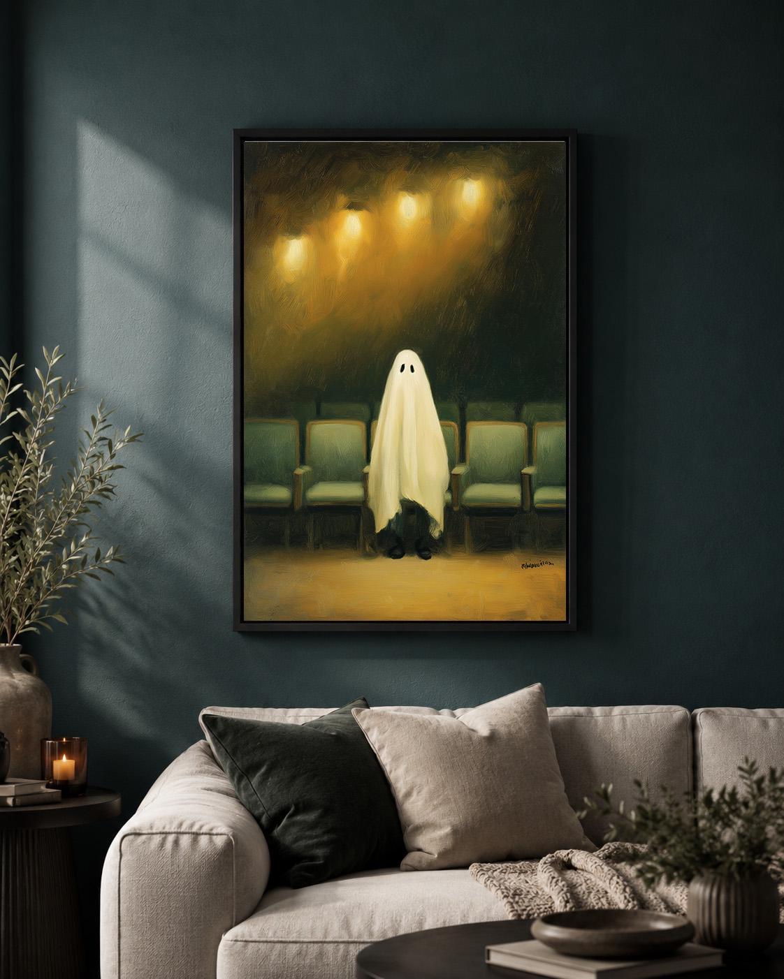 Ghost in Cinema Framed Canvas Art, Whimsical Halloween Movie Theater Print, Dark Academia Decor by The Wall Art Studio - p...