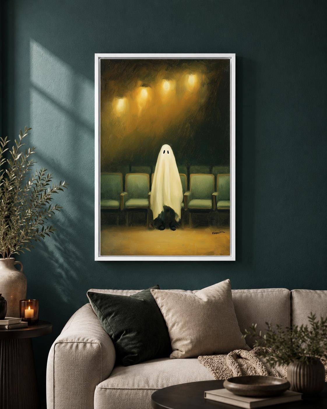 Ghost in Cinema Framed Canvas Art, Whimsical Halloween Movie Theater Print, Dark Academia Decor by The Wall Art Studio - p...