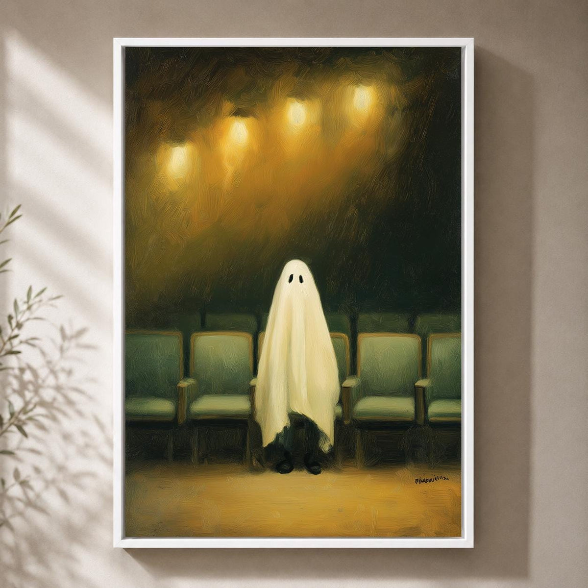 Ghost in Cinema Framed Canvas Art, Whimsical Halloween Movie Theater Print, Dark Academia Decor by The Wall Art Studio - p...