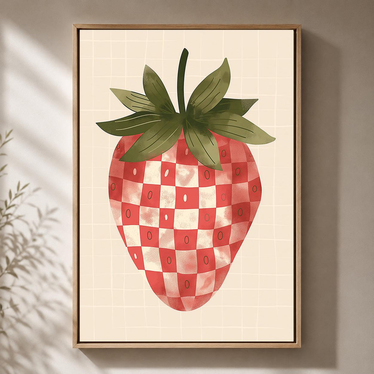Gingham Strawberry Framed Canvas Art, Cottagecore Kitchen Decor, Retro Fruit Print by The Wall Art Studio - physical
