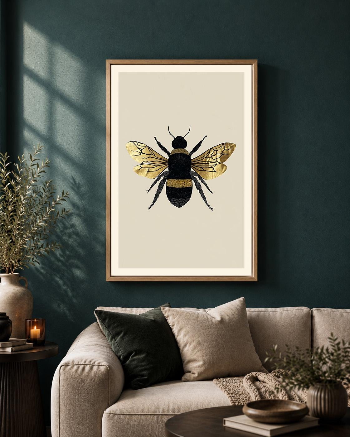 Gold Bee Framed Canvas Wall Art, Vintage Bumble Bee Framed Canvas, Botanical Insect Canvas Wall Art, Nature Decor by The W...