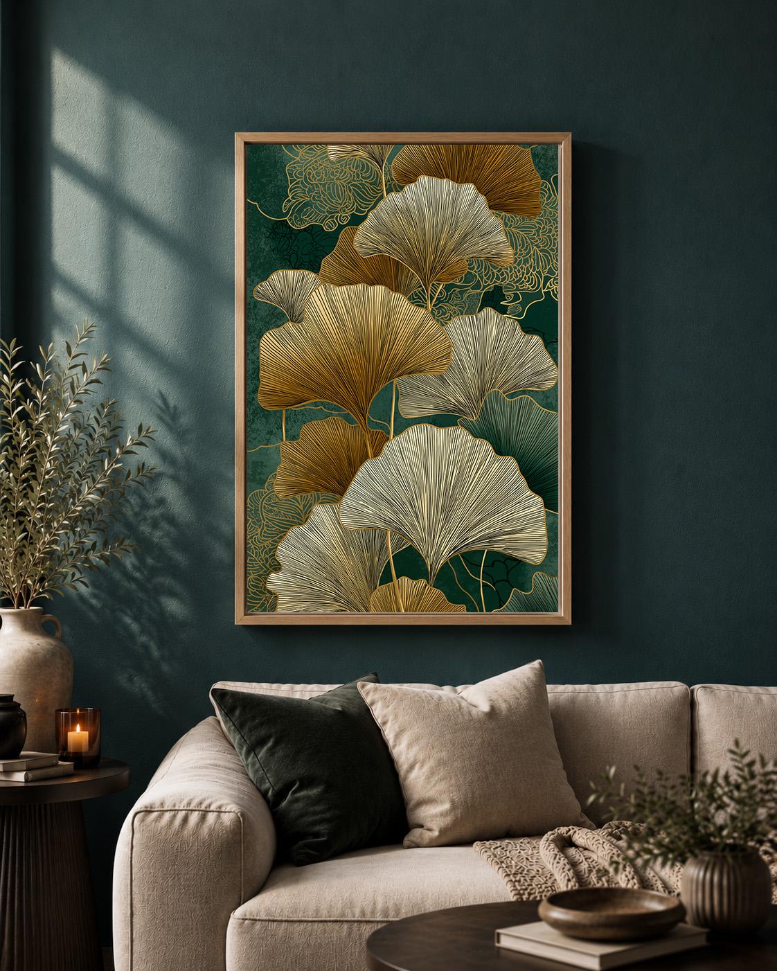 Gold Ginkgo Leaf Framed Canvas Art, Japandi Botanical Nature Decor by The Wall Art Studio - physical