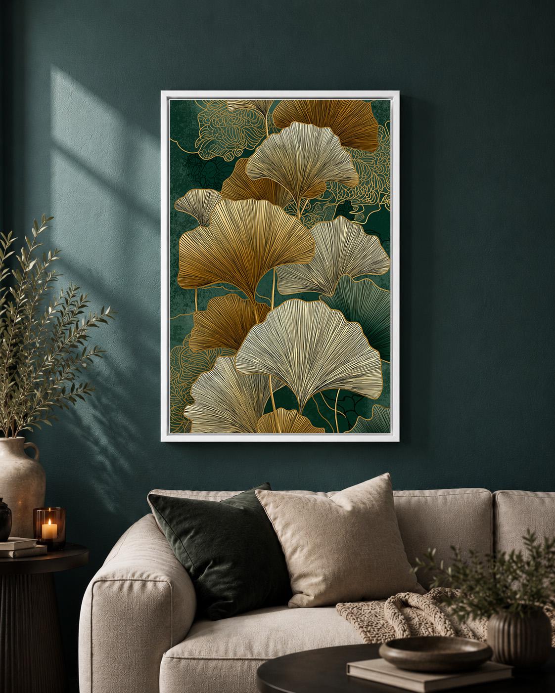 Gold Ginkgo Leaf Framed Canvas Art, Japandi Botanical Nature Decor by The Wall Art Studio - physical