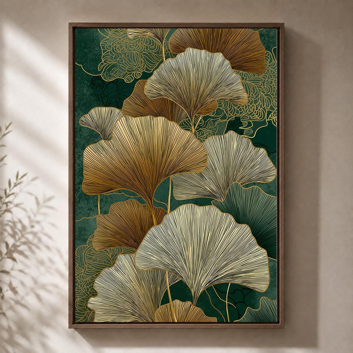 Gold Ginkgo Leaf Framed Canvas Art, Japandi Botanical Nature Decor by The Wall Art Studio - physical