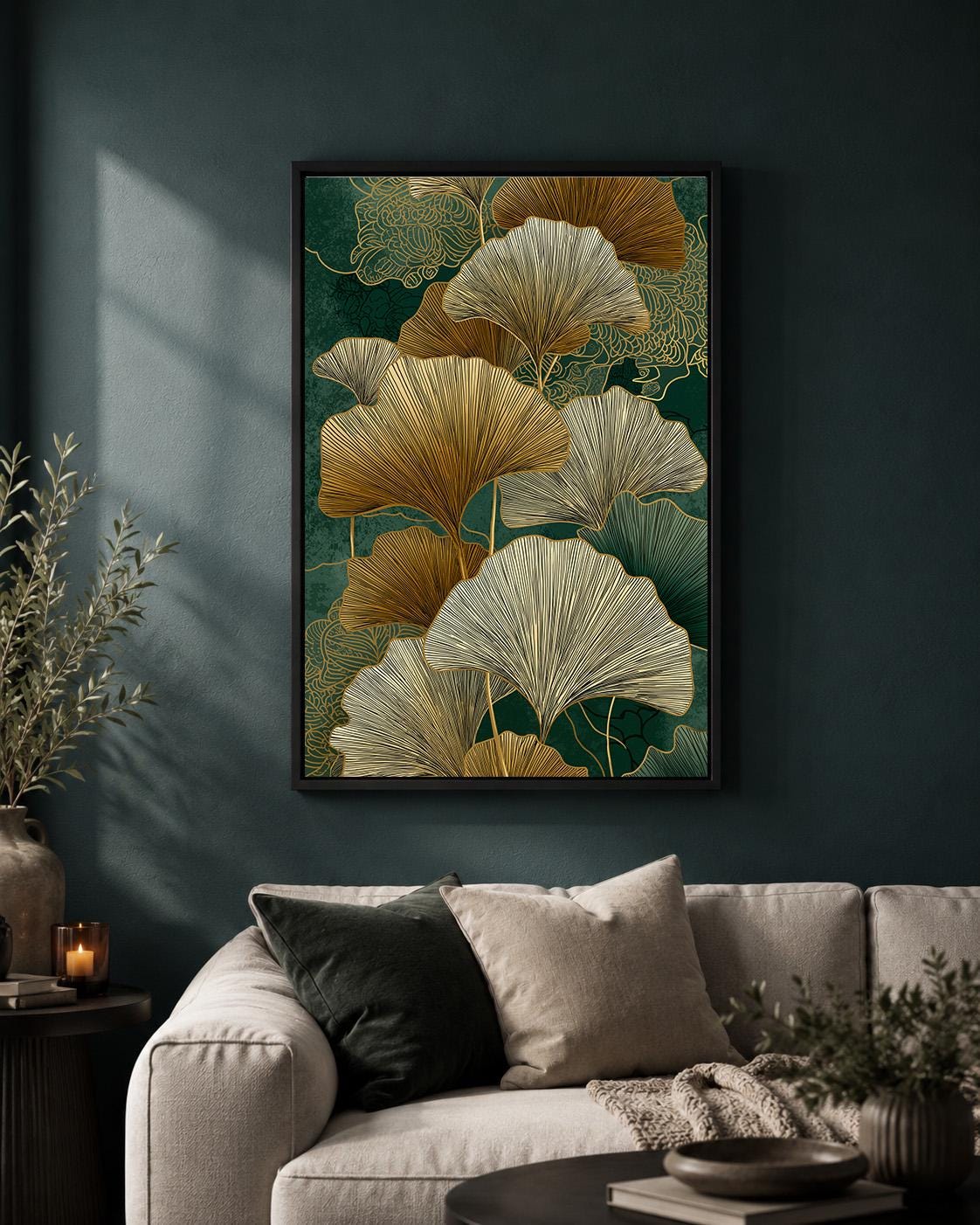 Gold Ginkgo Leaf Framed Canvas Art, Japandi Botanical Nature Decor by The Wall Art Studio - physical