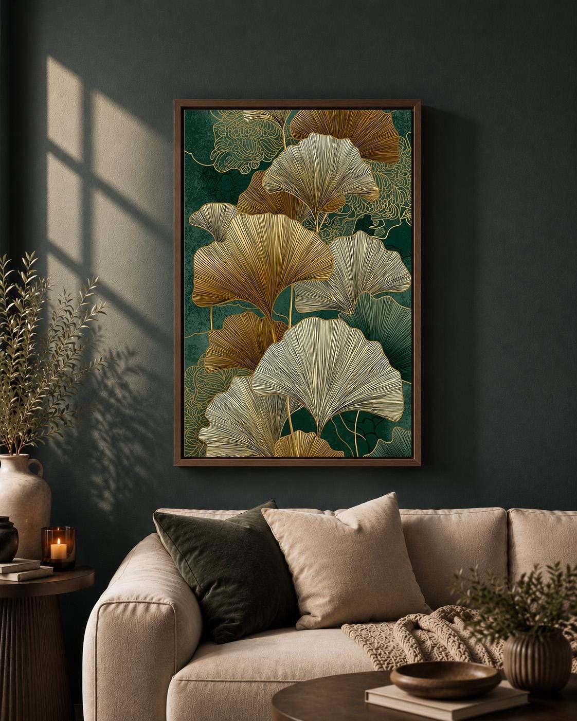 Gold Ginkgo Leaf Framed Canvas Art, Japandi Botanical Nature Decor by The Wall Art Studio - physical