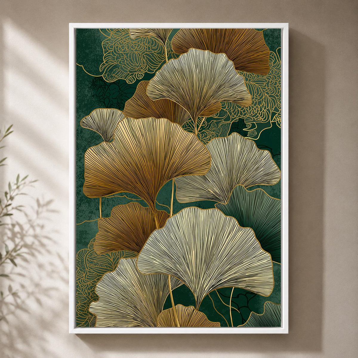 Gold Ginkgo Leaf Framed Canvas Art, Japandi Botanical Nature Decor by The Wall Art Studio - physical