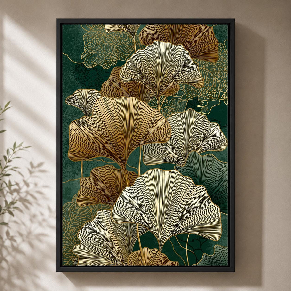 Gold Ginkgo Leaf Framed Canvas Art, Japandi Botanical Nature Decor by The Wall Art Studio - physical