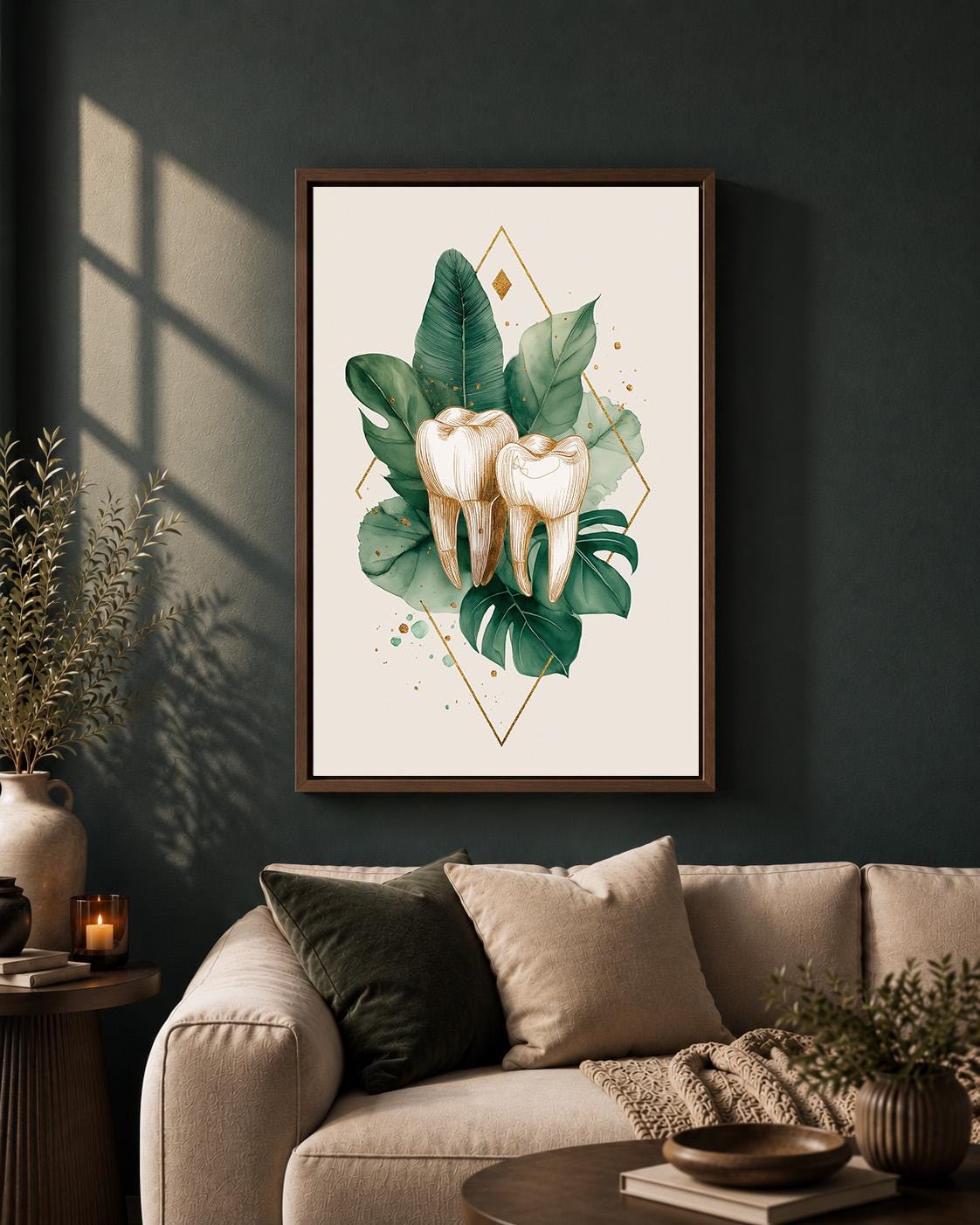Gold Tooth Botanical Print, Framed Canvas Wall Art, Dental Clinic Decor by The Wall Art Studio - physical