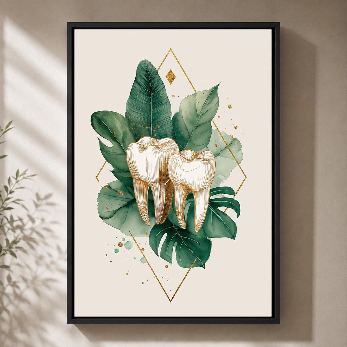 Gold Tooth Botanical Print, Framed Canvas Wall Art, Dental Clinic Decor by The Wall Art Studio - physical