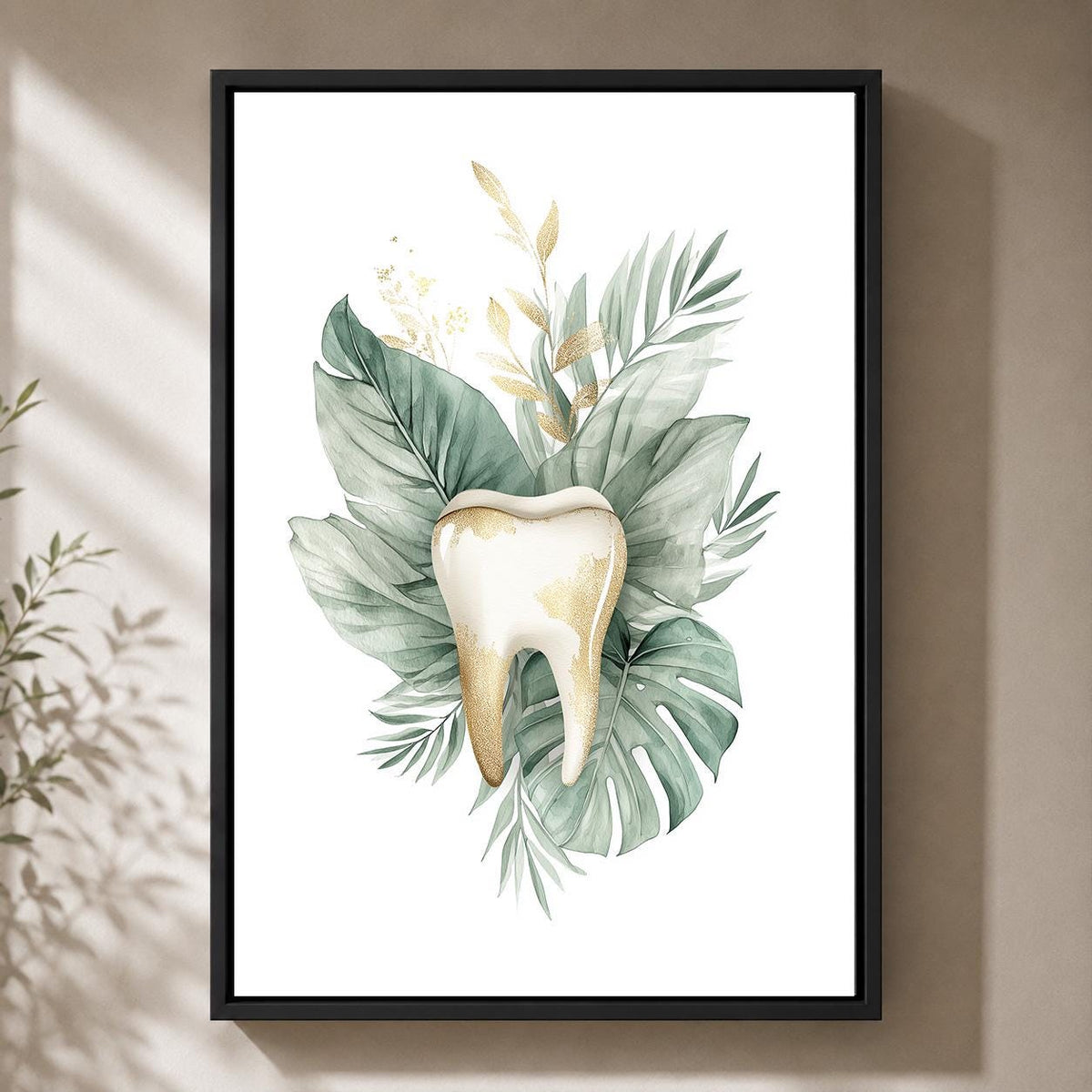 Gold Tooth Botanical Print, Framed Canvas Wall Art, Dental Clinic Decor by The Wall Art Studio - physical