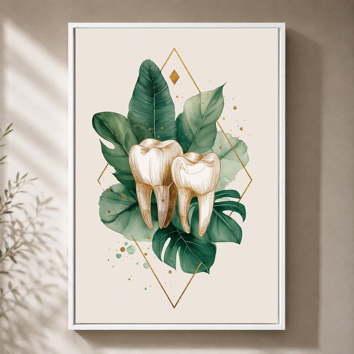 Gold Tooth Botanical Print, Framed Canvas Wall Art, Dental Clinic Decor by The Wall Art Studio - physical