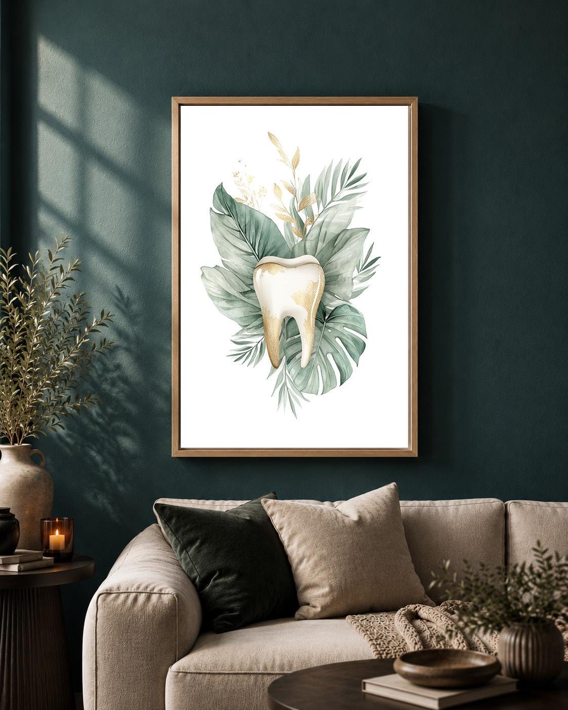 Gold Tooth Botanical Print, Framed Canvas Wall Art, Dental Clinic Decor by The Wall Art Studio - physical